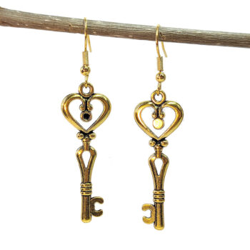 Decorative Heart Key Antique Gold Earrings