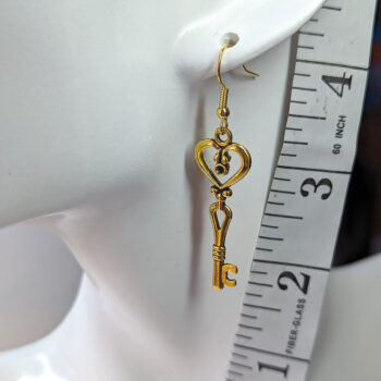 Decorative Heart Key Antique Gold Earrings - Image 2