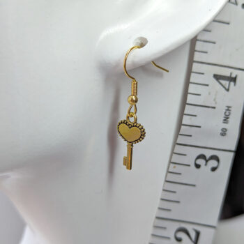 Antique Gold Small Heart Key Earrings - Image 2