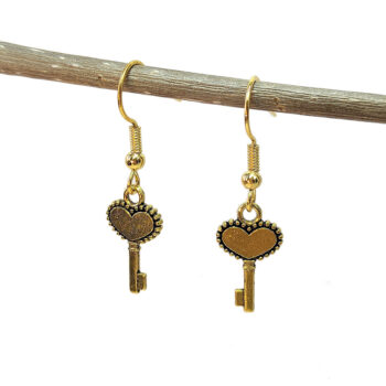 Antique Gold Small Heart Key Earrings