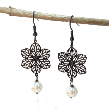 Black Filigree Flower Connector With Pearl Earrings