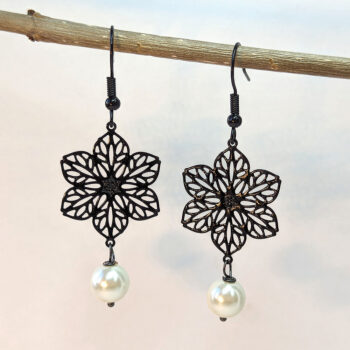 Black Filigree Flower Connector With Pearl Earrings - Image 3