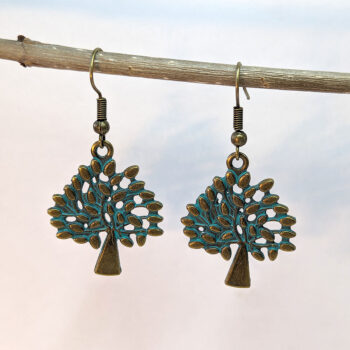 Antique Bronze Patina Tree With Leaf Leaves Earrings - Image 3