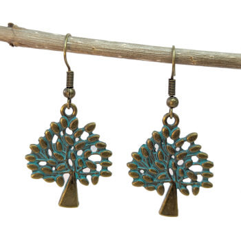 Antique Bronze Patina Tree With Leaf Leaves Earrings