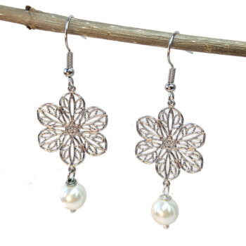 Antique Silver Filigree Flower Connector With Pearl Earrings