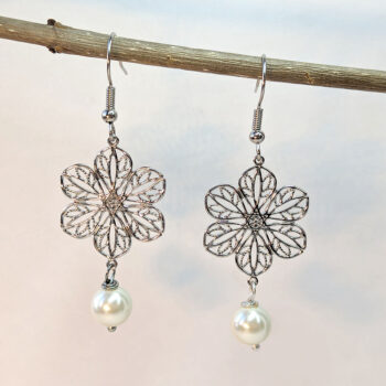 Antique Silver Filigree Flower Connector With Pearl Earrings - Image 3