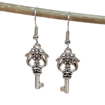 Antique Silver Decorative Key Charm Earrings