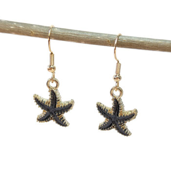 Black Grey Enamel Starfish Earrings Gold