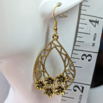 Antique Gold Large Teardrop Flowers Earrings - Image 2