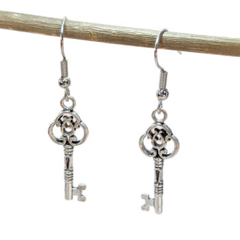 Rounded Top Key Charm Antique Silver Earrings