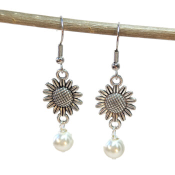 Antique Silver Sunflower Flower Earrings with Pearl