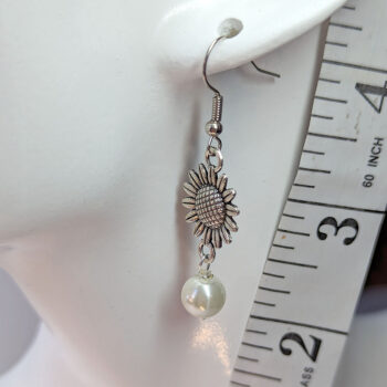 Antique Silver Sunflower Flower Earrings with Pearl - Image 2