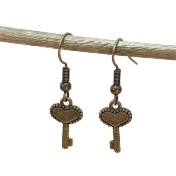 Antique Bronze Small Heart Key Earrings