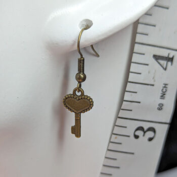 Antique Bronze Small Heart Key Earrings - Image 2