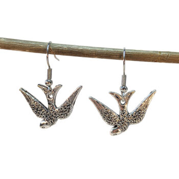 Antique Silver Diving Sparrow Bird Earrings