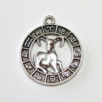 Aries Zodiac Round Charm Antique Silver