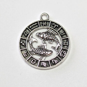 Pisces Zodiac Round Charm Antique Silver