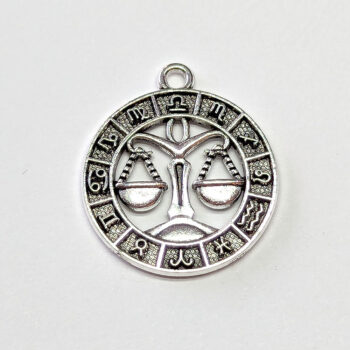 Libra Zodiac Round Charm Antique Silver