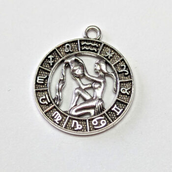 Aquarius Zodiac Round Charm Antique Silver