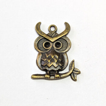 Antique Bronze Big Eyes Owl on a Branch Charm