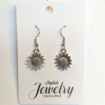 Small Patchwork Sunflower Flower Earrings Antique Silver - Image 5