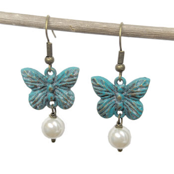 Antique Bronze Patina Butterfly Earrings with Pearl