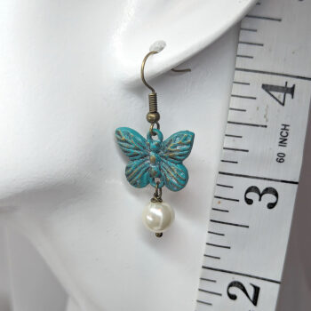 Antique Bronze Patina Butterfly Earrings with Pearl - Image 2