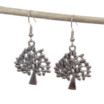 Antique Silver Tree With Leaf Leaves Earrings