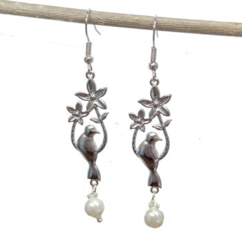 Stainless Steel Silver Bird Branch Flowers Pearl Earrings