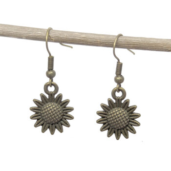 Small Patchwork Sunflower Flower Earrings Antique Bronze