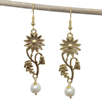 Stainless Steel Gold Daisy Flower Stem Pearl Earrings