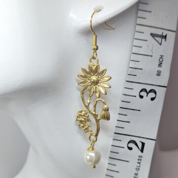 Stainless Steel Gold Daisy Flower Stem Pearl Earrings - Image 2