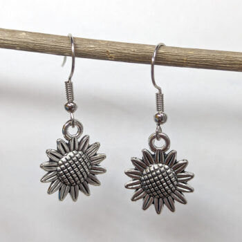 Small Patchwork Sunflower Flower Earrings Antique Silver - Image 3