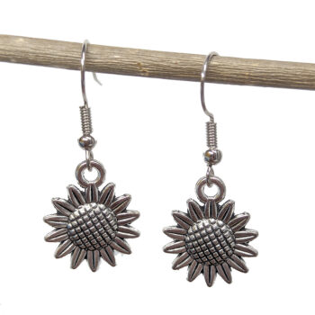 Small Patchwork Sunflower Flower Earrings Antique Silver