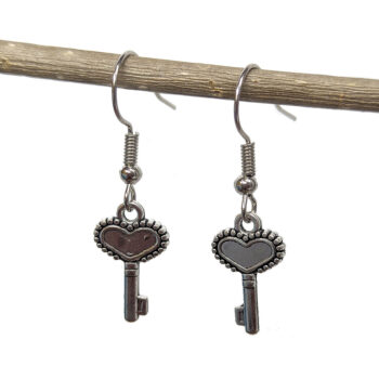 Antique Silver Small Heart Key Earrings