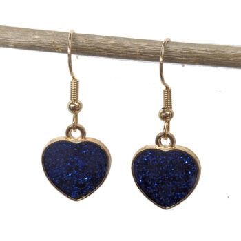 Blue Glitter Sparkles Enamel Heart Earrings Gold