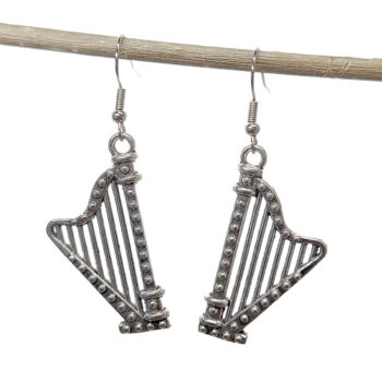 Harp Musical Instrument Antique Silver Earrings