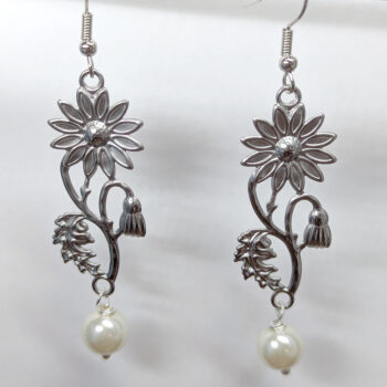 Stainless Steel Silver Daisy Flower Stem Pearl Earrings - Image 3