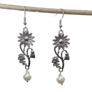 Stainless Steel Silver Daisy Flower Stem Pearl Earrings