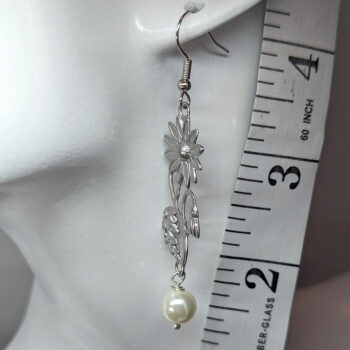 Stainless Steel Silver Daisy Flower Stem Pearl Earrings - Image 2