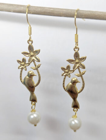 Stainless Steel Gold Bird Branch Flowers Pearl Earrings - Image 3