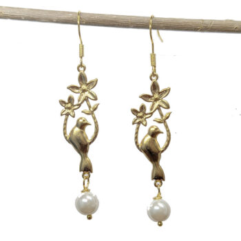 Stainless Steel Gold Bird Branch Flowers Pearl Earrings