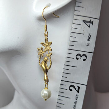 Stainless Steel Gold Bird Branch Flowers Pearl Earrings - Image 2