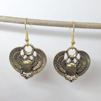 Egyptian Scarab Beetle With Wings Antique Gold Earrings - Image 4