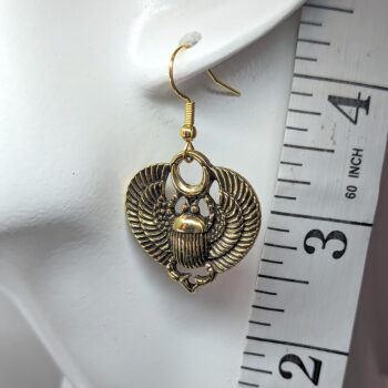 Egyptian Scarab Beetle With Wings Antique Gold Earrings - Image 2