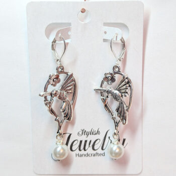 Antique Silver Hummingbird Bird in Hoop With Pearl Earrings - Image 5