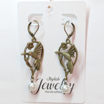 Antique Bronze Hummingbird Bird in Hoop With Pearl - Image 5