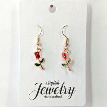 Red Long Stem Rose Flower Enamel Earrings Gold - Image 4