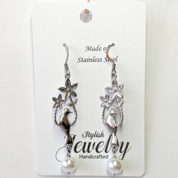 Stainless Steel Silver Bird Branch Flowers Pearl Earrings - Image 5