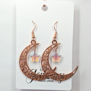 Rose Gold Large Moon with Dangle Glass Star Earrings - Image 5